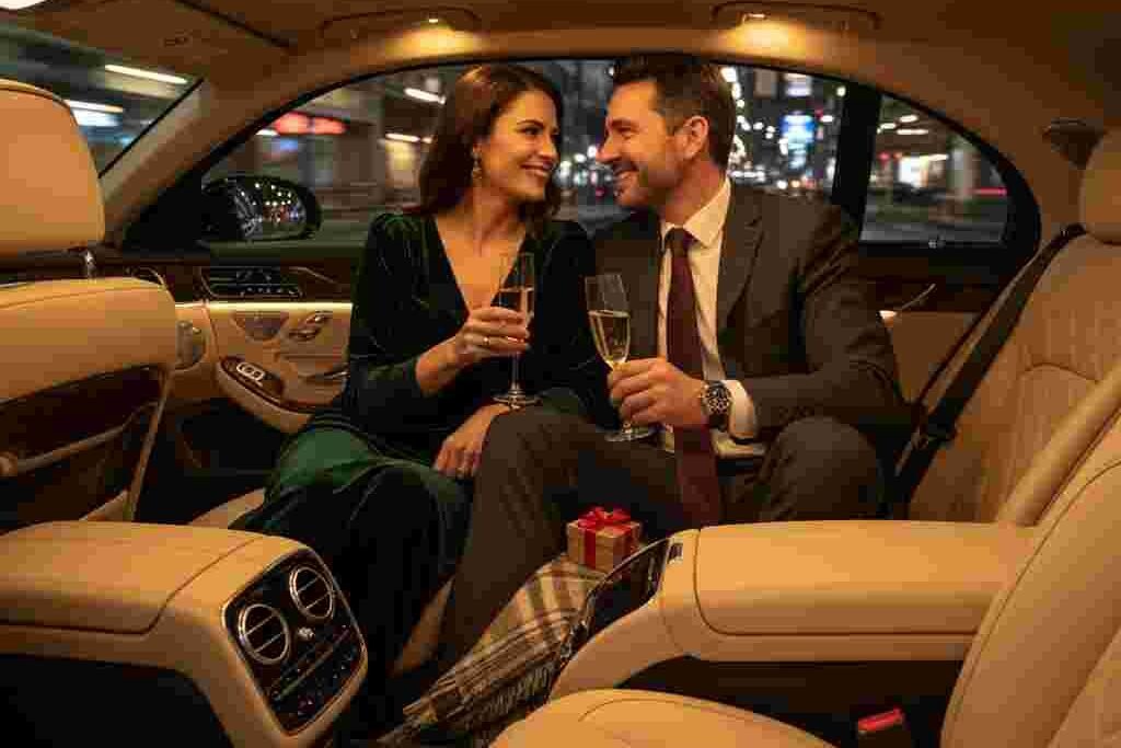 Interior of luxury car service vehicle with passengers dressed for holiday night out