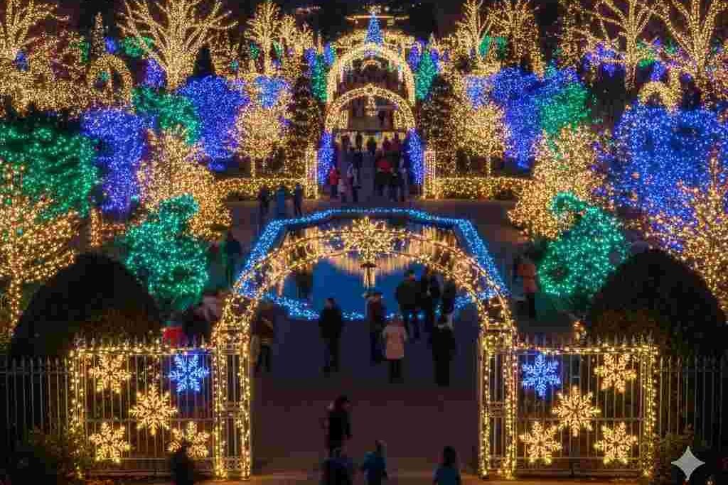 Holiday light display at Denver Botanic Gardens with illuminated trees and crowds