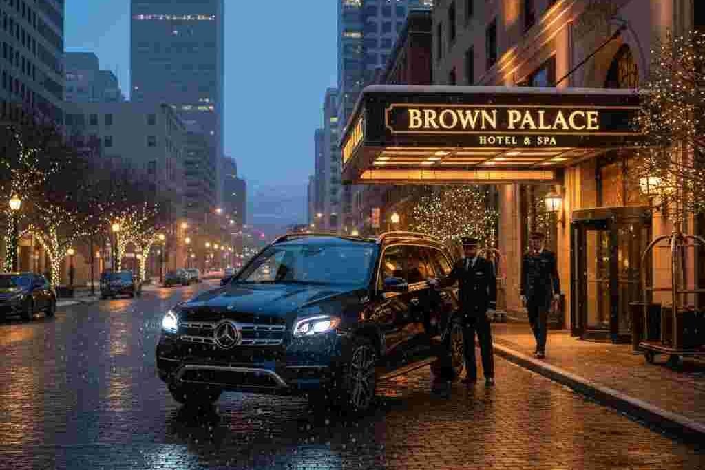 Luxury car service SUV arriving at a downtown Denver hotel in winter for holiday events in Denver