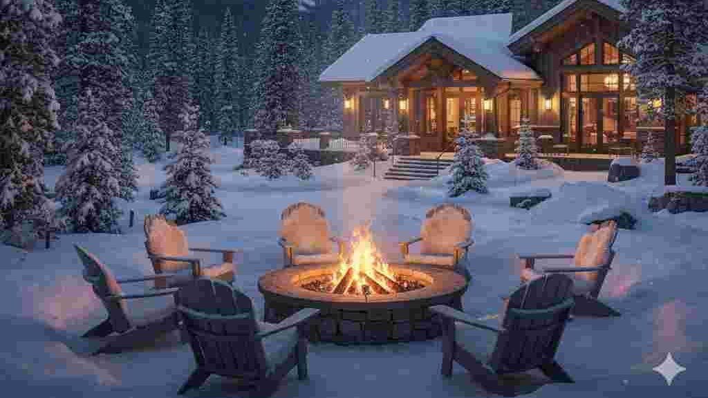Mountain resort lodge in Colorado winter with outdoor fire pit and snow-covered landscape