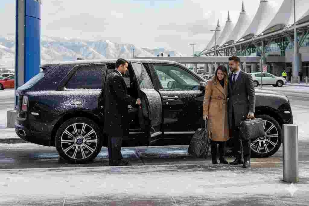 Luxury SUV driving through snow-covered highway during winter getaways near Denver.