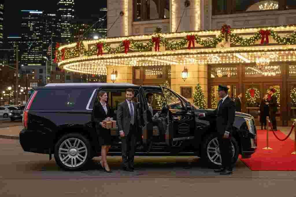 Chauffeur opening car door for guests at corporate gala arrival in Denver