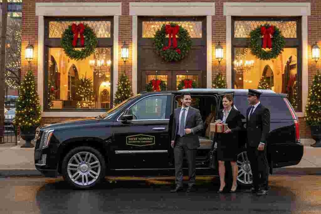 Group of professionals stepping out of luxury black car at holiday party venue in downtown Denver