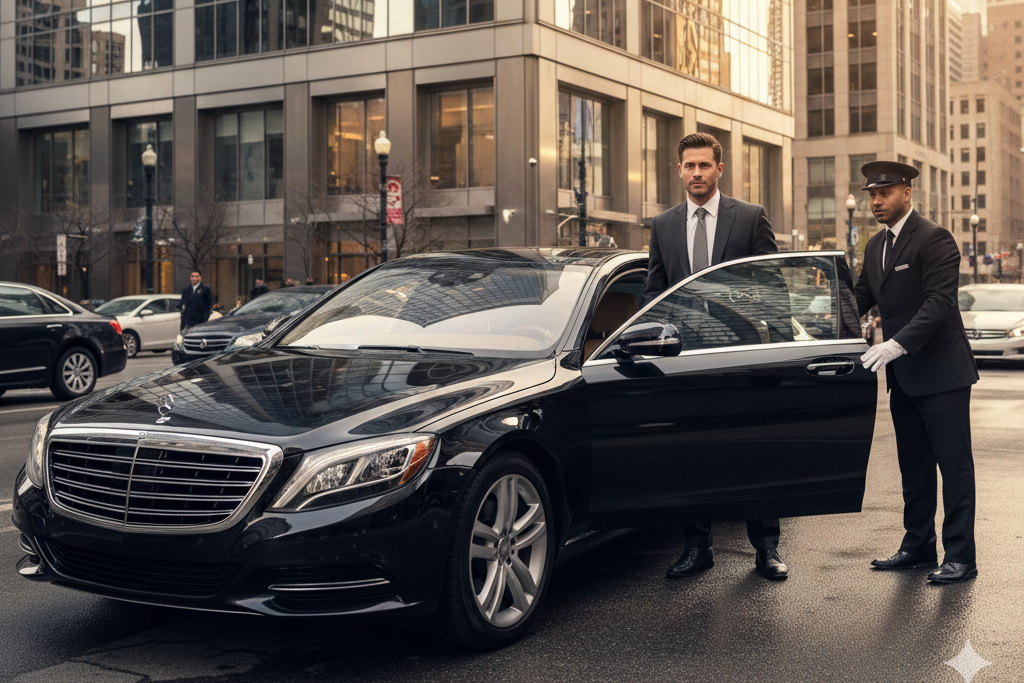 Business executive entering black luxury sedan outside modern Chicago office building