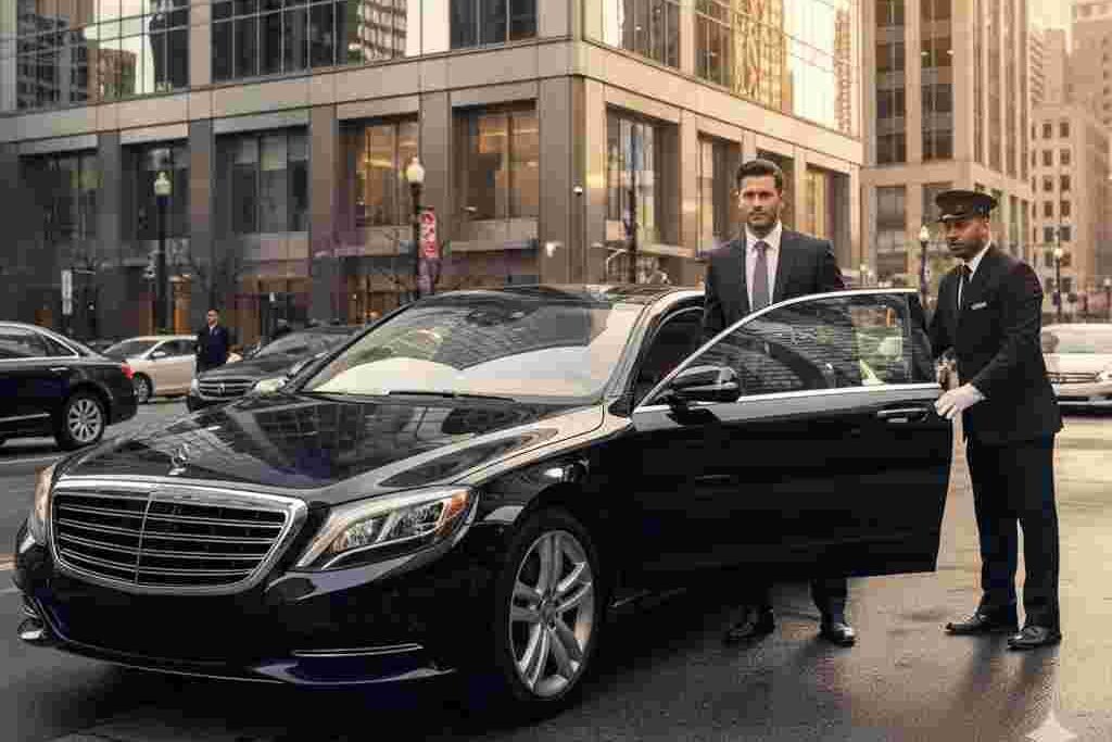 Business executive entering black luxury sedan outside modern Chicago office building