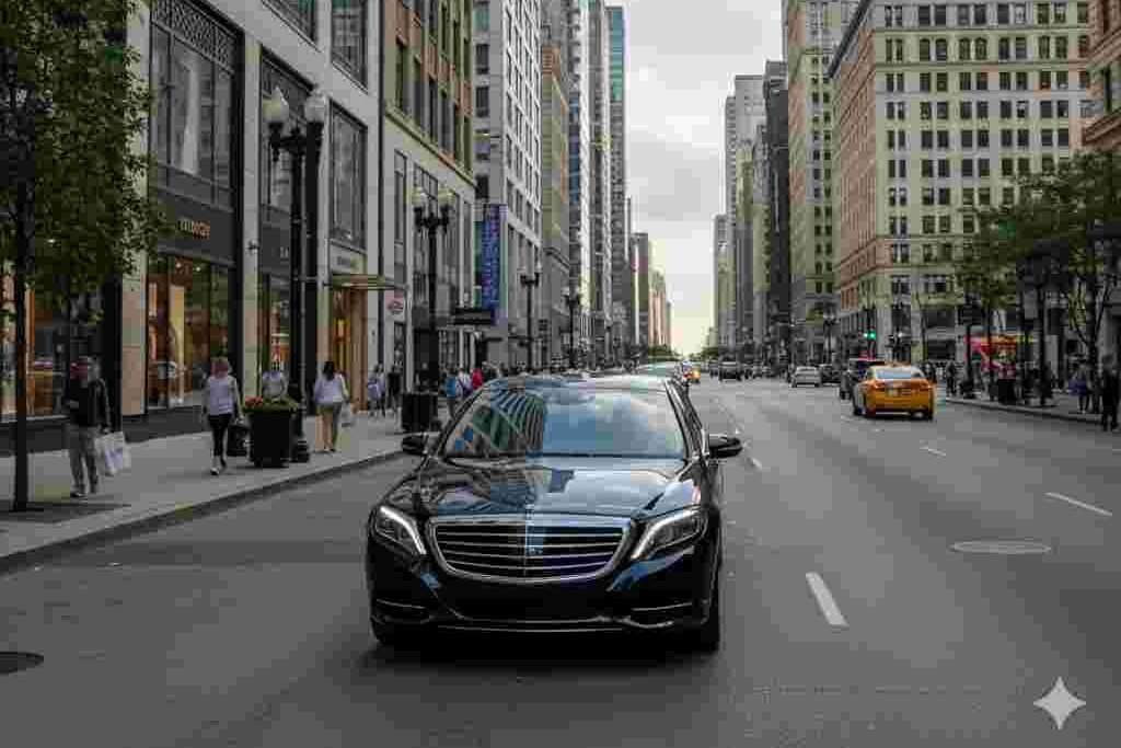 Luxury sedan driving down Michigan Avenue