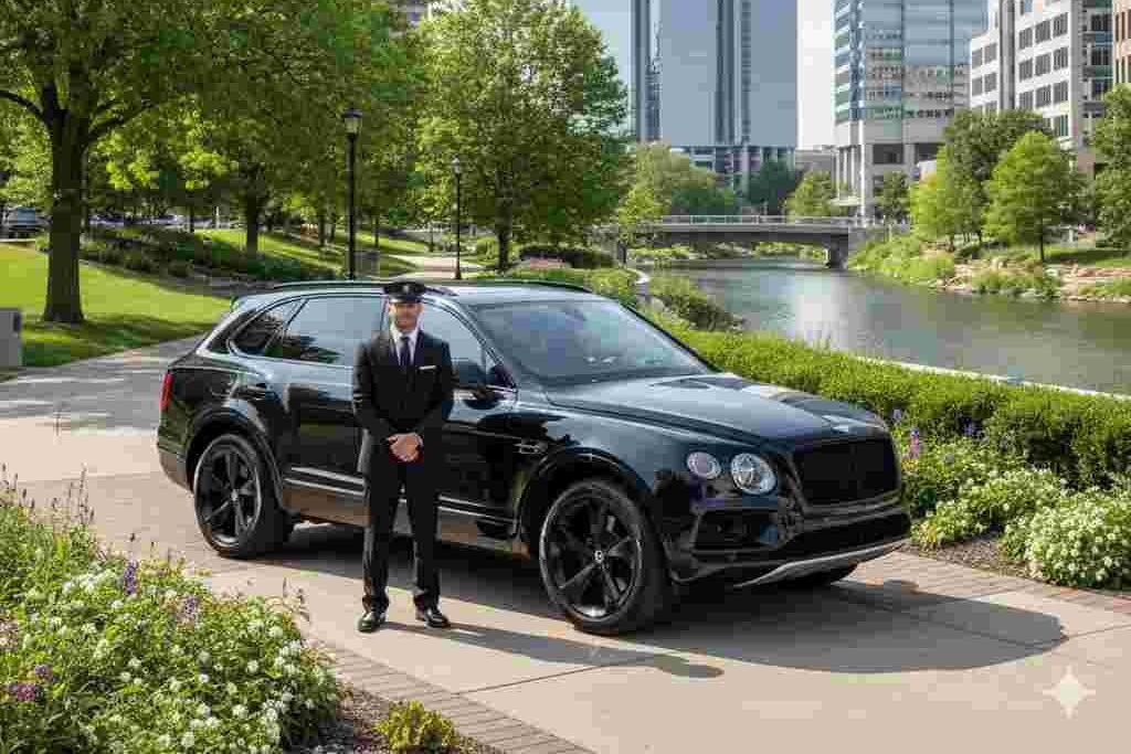 Luxury black SUV parked near Naperville Riverwalk
