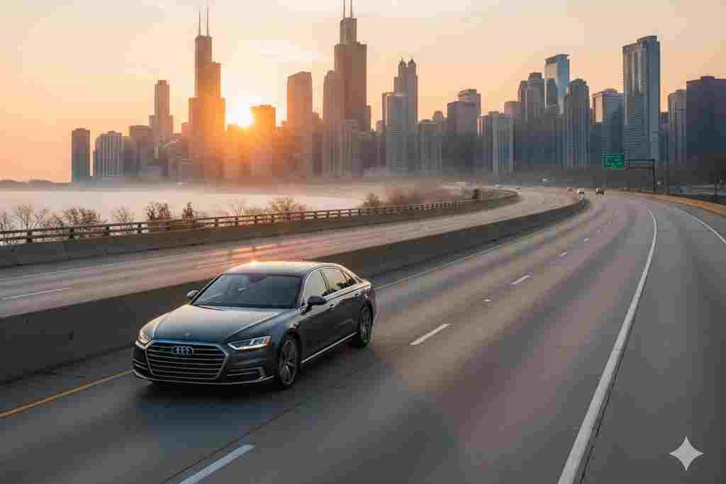 Luxury sedan driving on highway toward Chicago