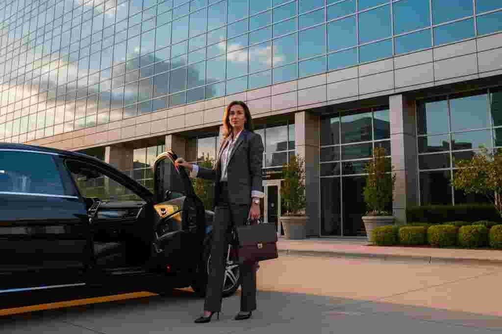 Business executive exiting luxury black sedan